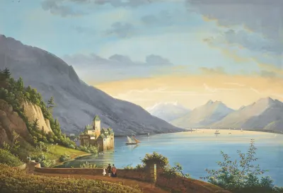 A View Of Lake Geneva With Figures At A Vineyard In The Foreground The Chateau De Chillon Beyond