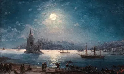 A View Of The Bosporus With The Hagia Sophia And The Maidens Tower In The Moonlight