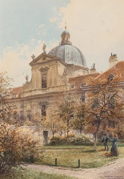 A View Of The Church And Monastery Of The Visitation Of The Virgin Church Of The Salesian Sisters A Gardener In The Foreground