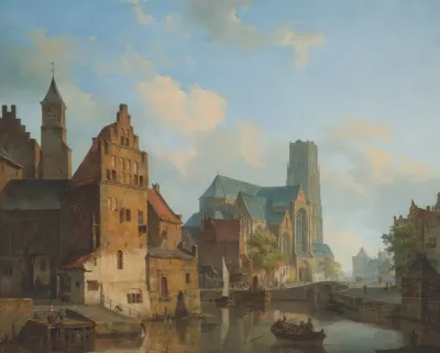 A View Of The Delftse Vaart And St Laurens Church Rotterdam