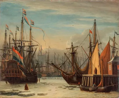 A View Of The Ij Harbour In Winter Amsterdam With Figures Skating Between The Ships A Figure Seated On An Ice Floe In The Foreground