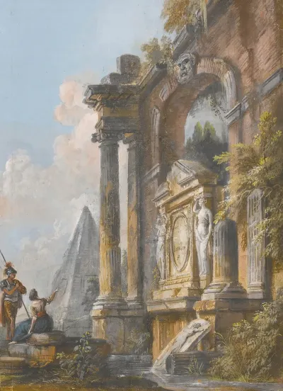 A View Of The Pyramid Of Caius Cestius And Ancient Ruins With A Soldier And Young Lady In The Foreground