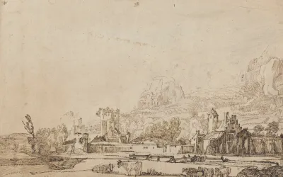 A View Of The Ruin Of Huis Ter Kleef Near Haarlem With Cows And Sheep And Mountains Behind