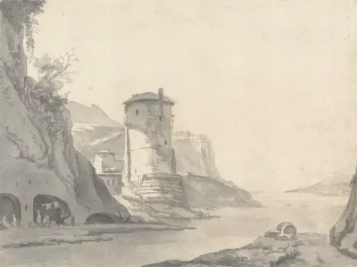 A Village In A Rocky Coastal Inlet With Round Tower On The Left Bank