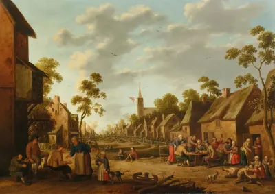 A Village Kermesse With People Eating And Drinking Outside And Children Fighting On The Ground