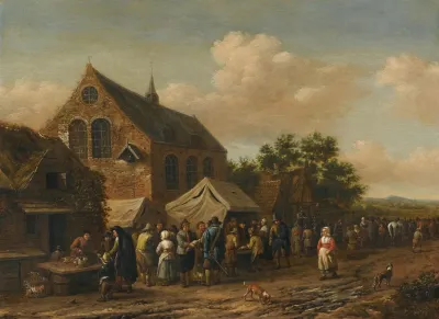A Village Market Beside A Church