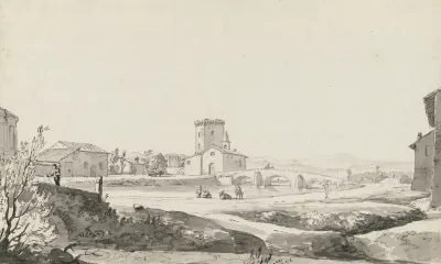 A Village On A River With A Three Arched Bridge Beside A Small Church And A Fortified Building Beyond