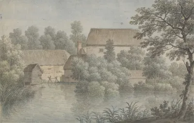 A Village Pond With Farm Buildings