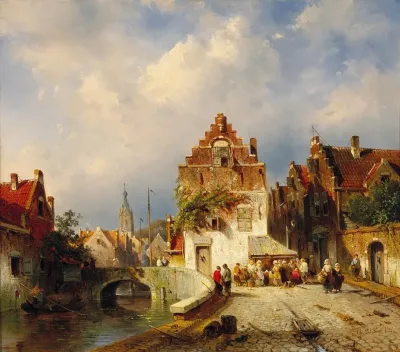 A Village Scene With A Bridge