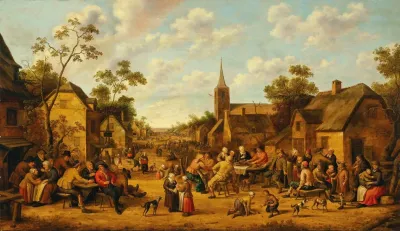 A Village Scene With Peasants Feasting And Conversing