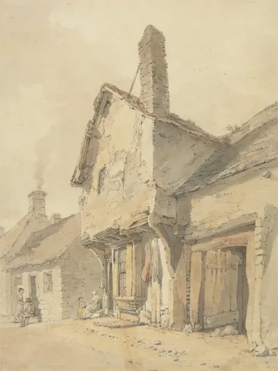 A Village Street Figures By Old Cottages