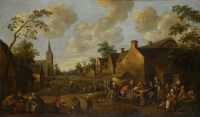 A Village Street Scene With Children Playing In The Foreground And Figures Drinking
