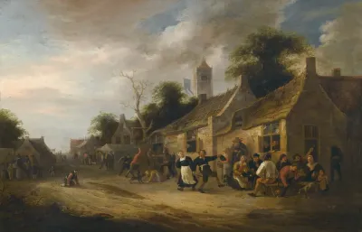 A Village Street Scene With Figures Dancing And Drinking