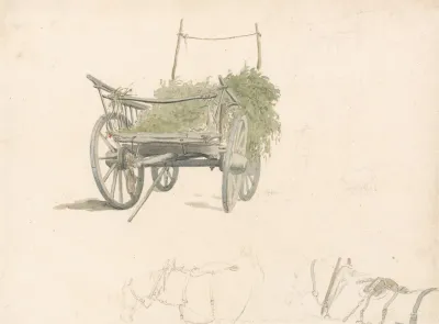 A Wagon With Hops And Two Sketches Of Horses