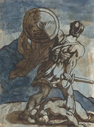 A Warrior Holding A Shield And Sword Seen From The Back