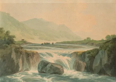A Waterfall On The River Rheidol With Cattle In The Distance North Wales