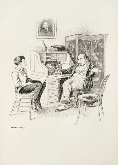 A Wealthy Man At His Desk Talks To A Boy Seated Next To Him With A Book