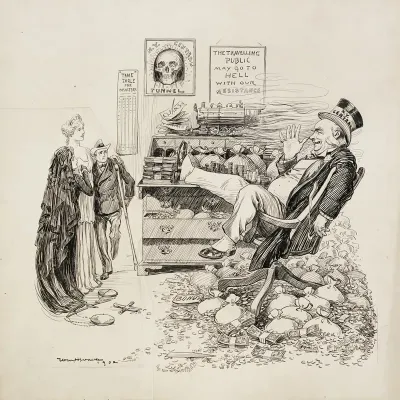 A Wealthy Man Representing N Y Central Thumbs His Nose At A Woman Representing Justice Who Supports A Widow And A Man Who Has Lost A Leg