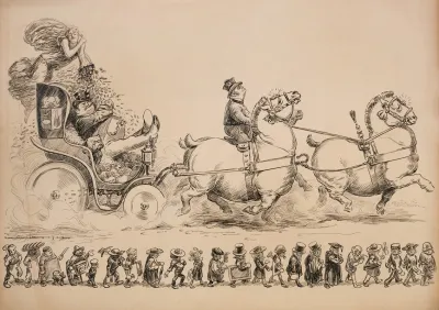 A Wealthy Man Rides In A Carriage Pulled By Fat Horses With An Angel Showering Him With Money