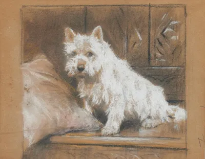 A West Highland Terrier Seated On A Carved Bench