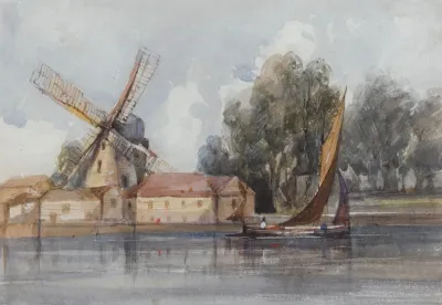A Wherry Passing A Windmill And Farm Buildings