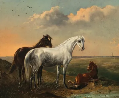 A White Horse And A Bay Horse In A Puszta Landscape