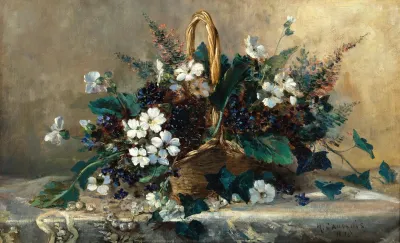 A Wicker Basket With Black Hellebore And Violets
