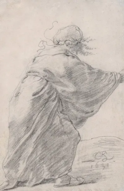 A Wild Haired Robed Woman Rushing To The Right Seen From Behind