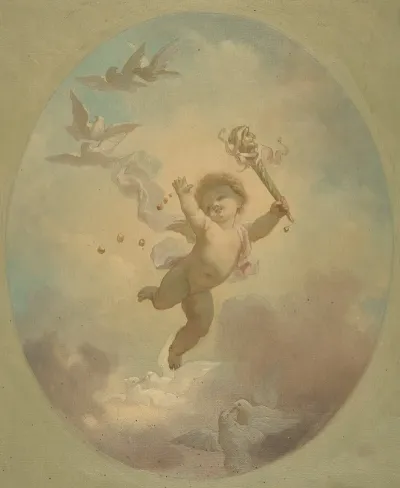 A Winged Putto And Turtle Doves