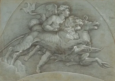 A Winged Putto Riding A Sea Horse And A Lion