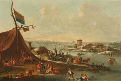 A Winter Harbour Scene With Ice Skaters