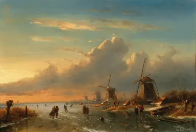 A Winter Landscape At Sunset With Figures On The Ice