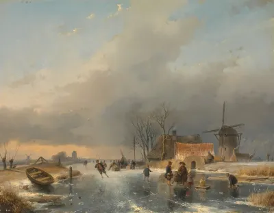 A Winter Landscape On The Right A Windmill And Houses By A Frozen Canal