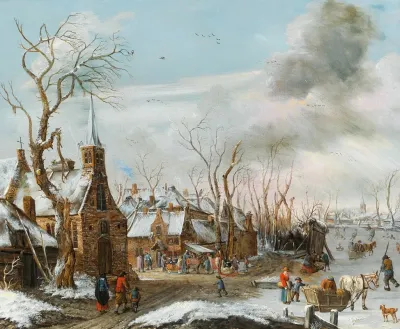 A Winter Landscape With A Market Scene