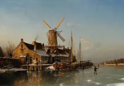 A Winter Landscape With A Mill On A Frozen River