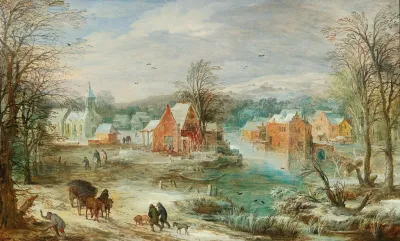 A Winter Landscape With A Village And Travellers On A Path