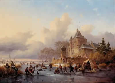 A Winter Landscape With Activites On The Ice Near A Castle