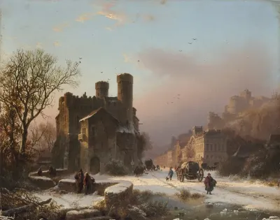 A Winter Landscape With Figures Near A Village