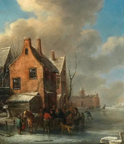 A Winter Landscape With Figures On A Frozen River