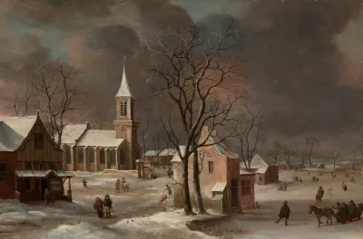 A Winter Landscape With Iceskaters And A Church Beyond 2