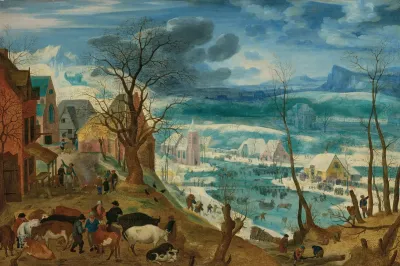 A Winter Landscape With Peasants And Cattle By A Farmstead With Skaters On A Frozen River Beyond