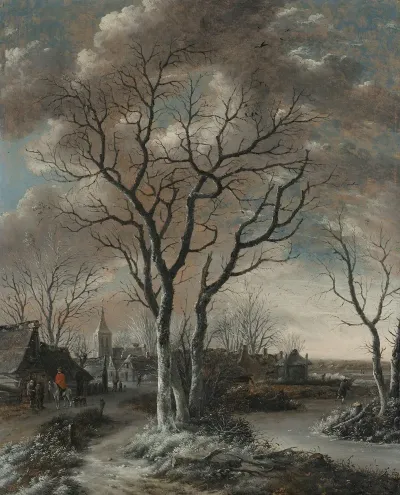 A Winter Landscape With Skaters And Other Figures Near A Village With A Church