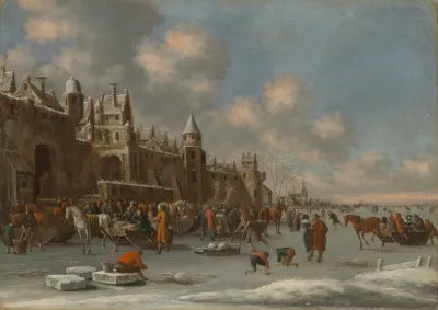 A Winter Landscape With Skaters On A Frozen Lake Near A City Wall