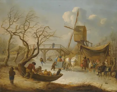 A Winter Landscape With Skating Figures And A Horse Drawn Sleigh Near A Wind Mill