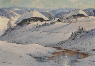A Winter Landscape With Snow Covered Farmsteads And A Stream