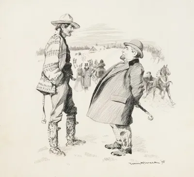 A Winter Scene A Man In A Suit Talks With A Man In Rougher Clothes While Behind Them People In Fine Clothes Walk And Ride In Sleighs