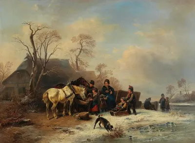 A Winter Scene With Children And Horses