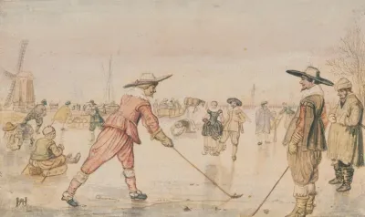 A Winter Scene With Two Gentlemen Playing Colf