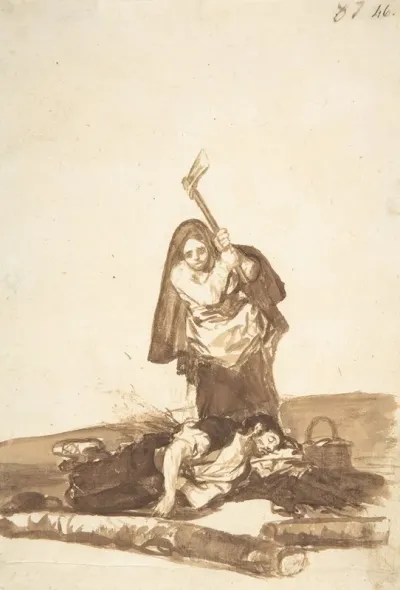 A Woman About To Attack A Sleeping Man With An Axe