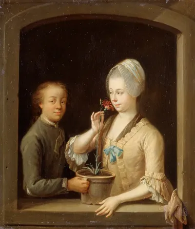 A Woman And A Young Man At A Window